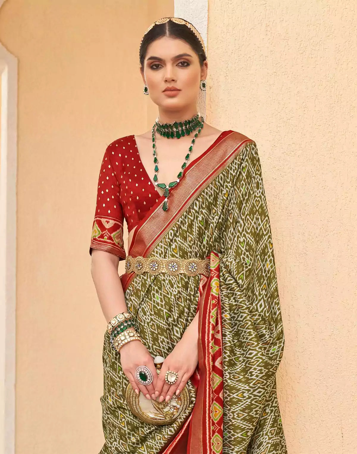 Image of Mehendi Green all over Ikat Print Patola Designer Saree