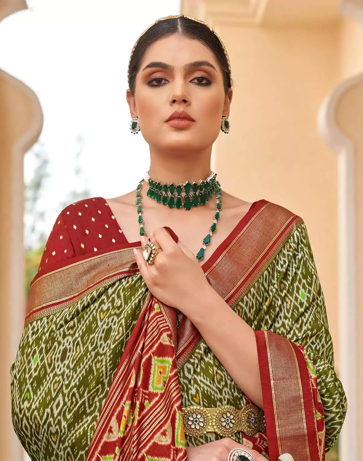 Image of Mehendi Green all over Ikat Print Patola Designer Saree