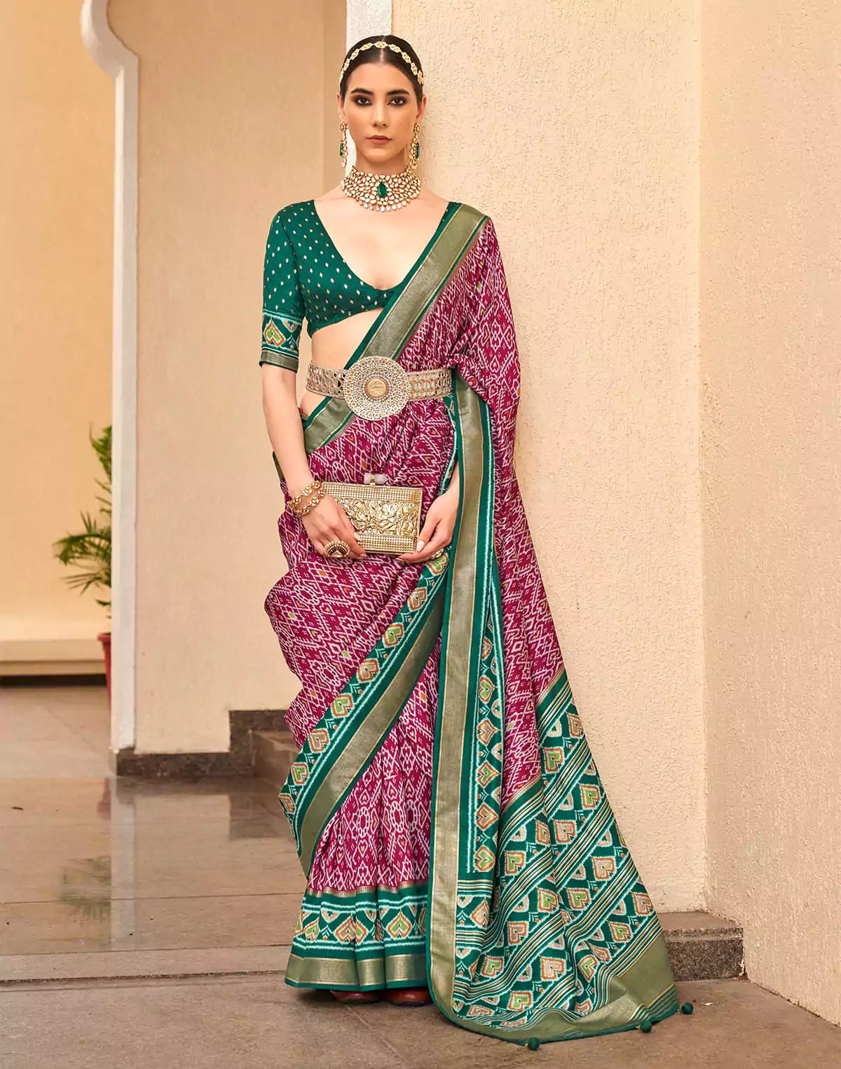 Image of Magenta Ikat Print Designer Patola Saree