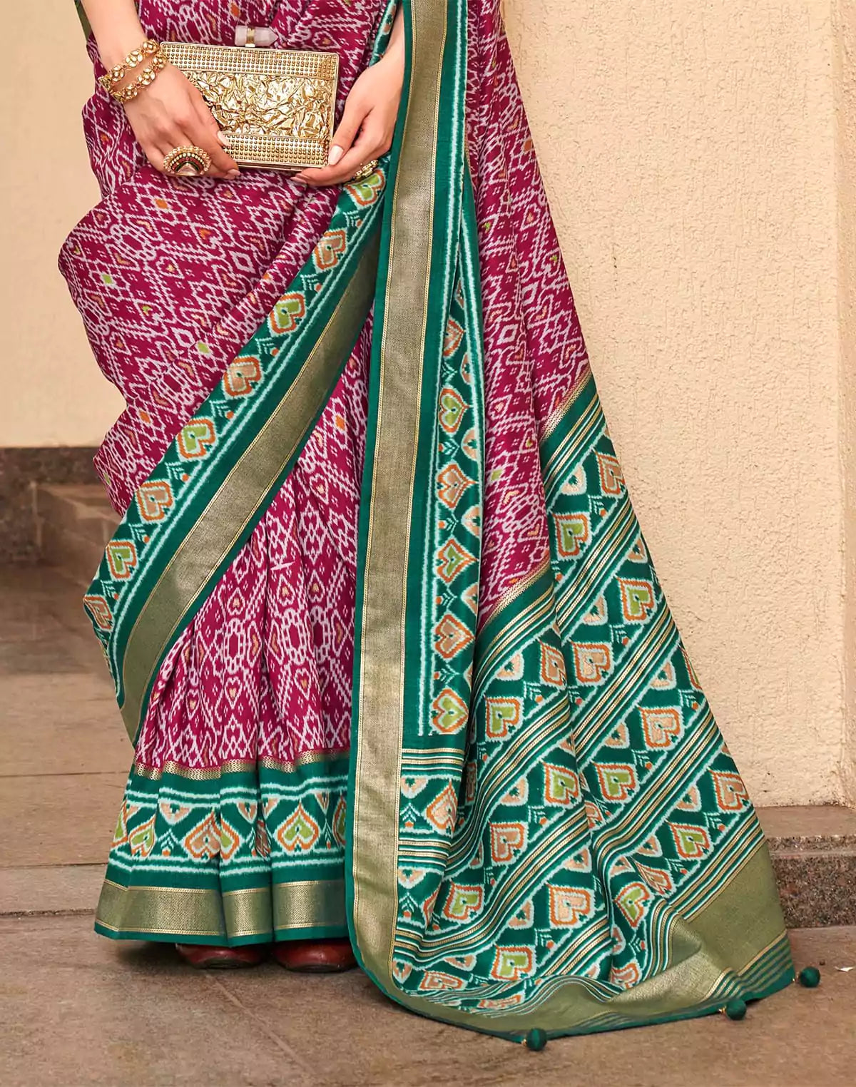 Image of Magenta Ikat Print Designer Patola Saree