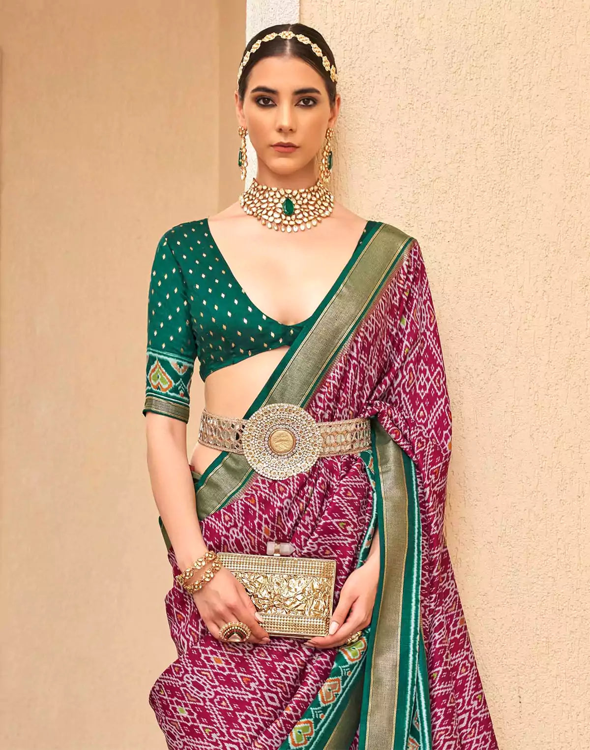 Image of Magenta Ikat Print Designer Patola Saree