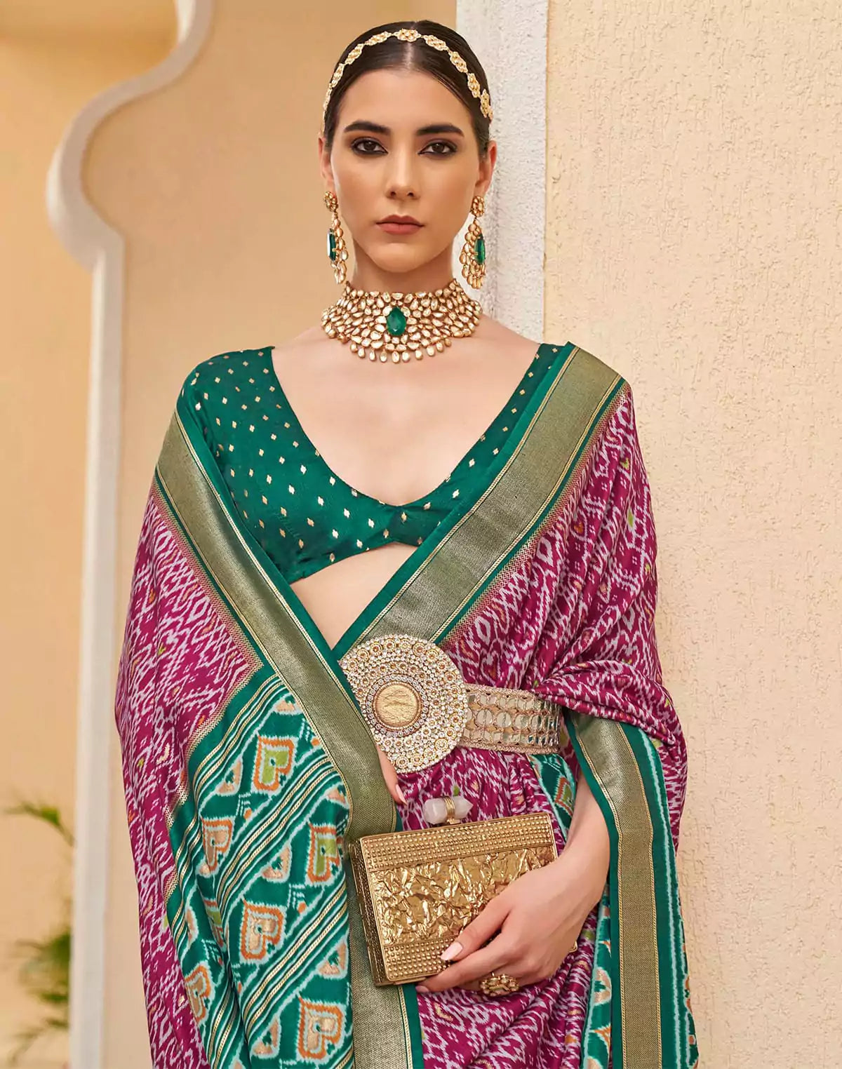 Image of Magenta Ikat Print Designer Patola Saree