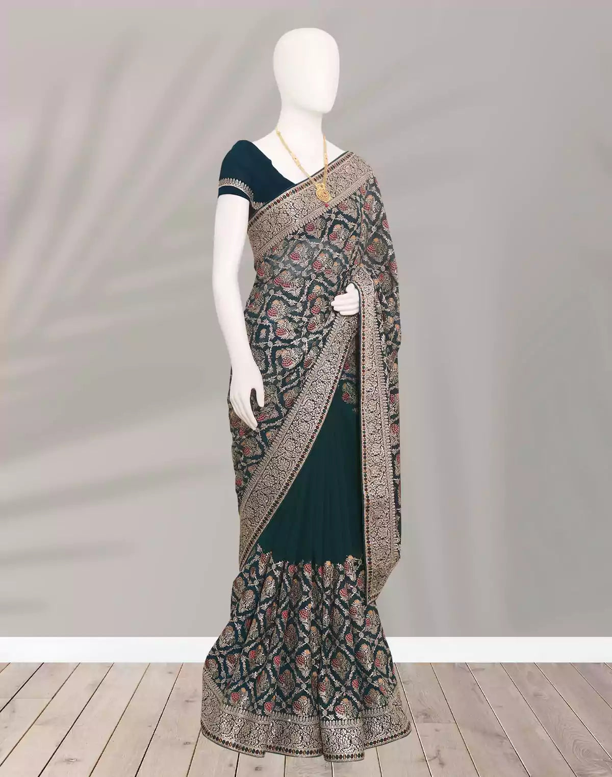 Image of Peacock Blue Georgette Stones with Embroidery work Saree