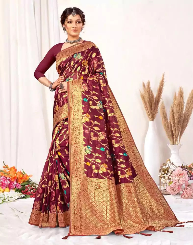 Image of Wine Floral Banaras Weave Fancy Saree