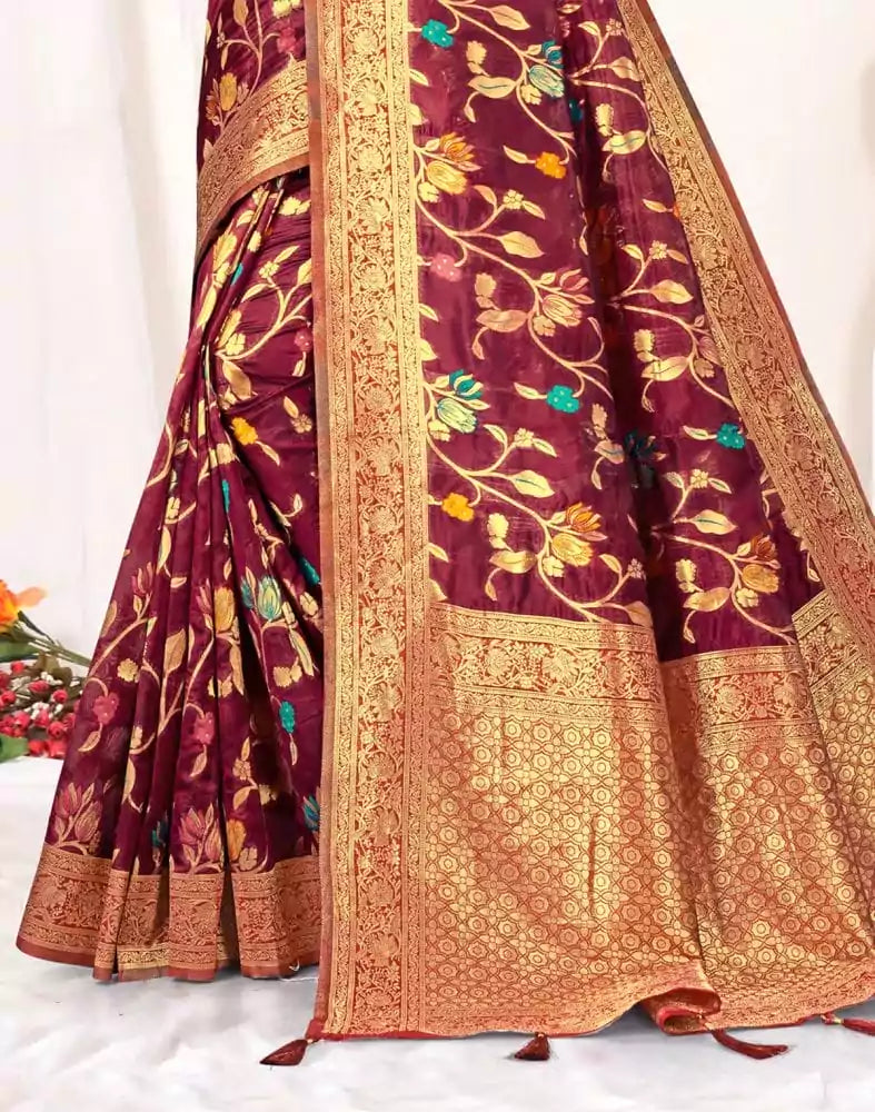 Image of Wine Floral Banaras Weave Fancy Saree