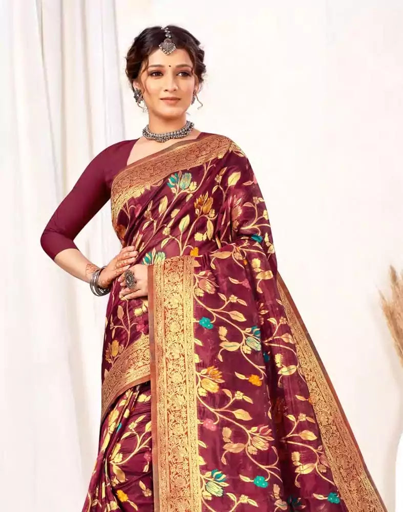 Image of Wine Floral Banaras Weave Fancy Saree
