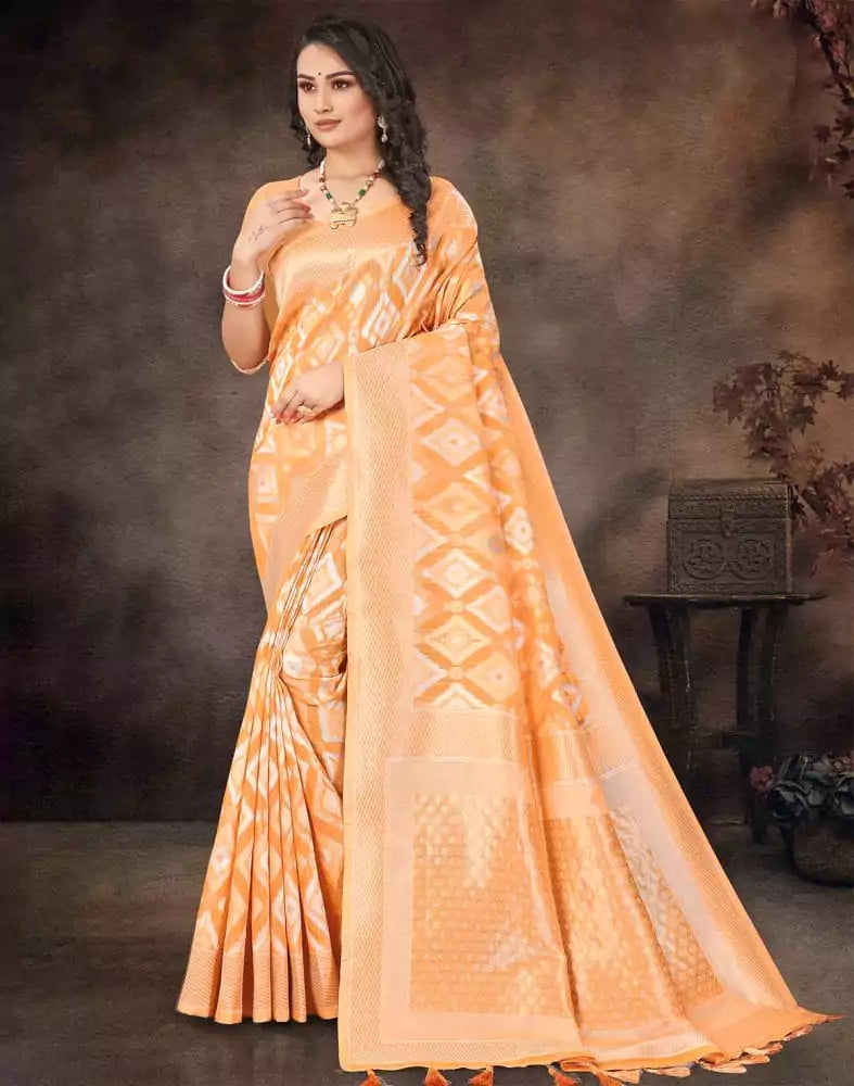 Image of Light Orange Geometric Weave Semi-Jute Saree