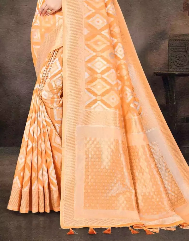 Image of Light Orange Geometric Weave Semi-Jute Saree