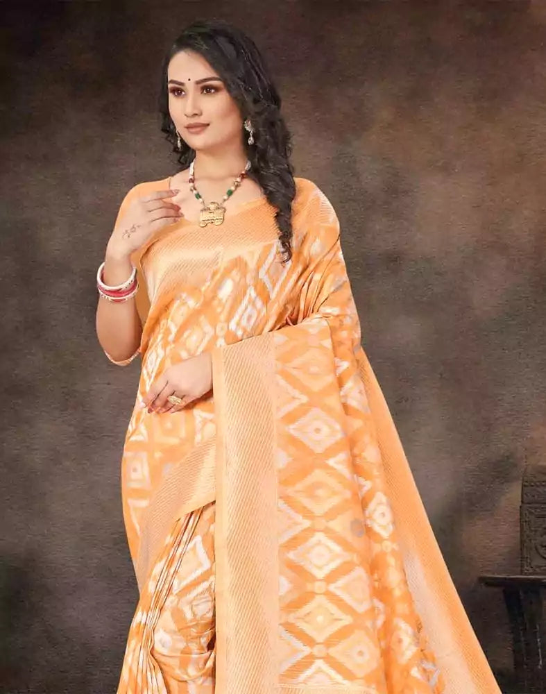 Image of Light Orange Geometric Weave Semi-Jute Saree