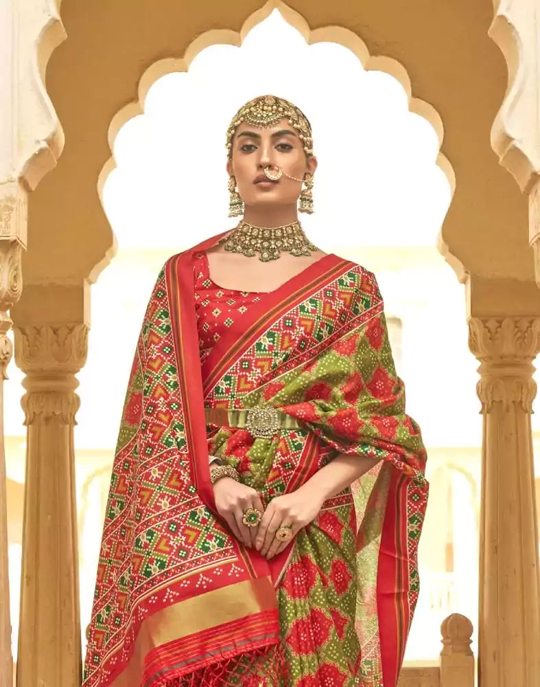 Image of Mehendi Green Geometric Print Patola Butta Saree