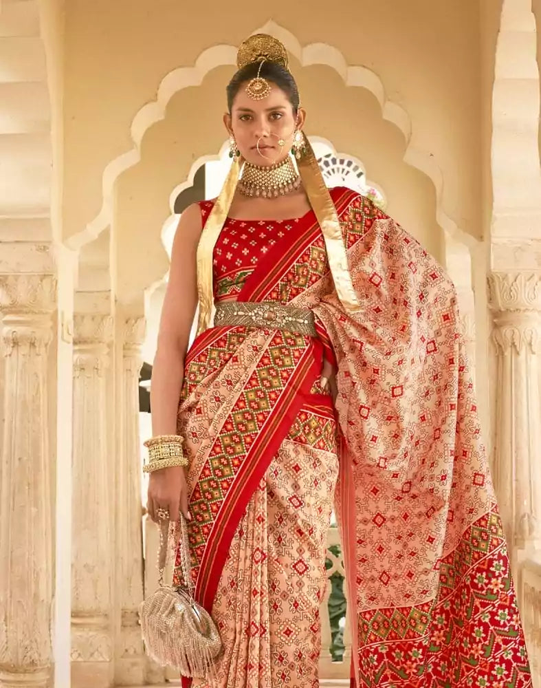 Image of Peach Coloured Ikat Print Patola Fancy Saree