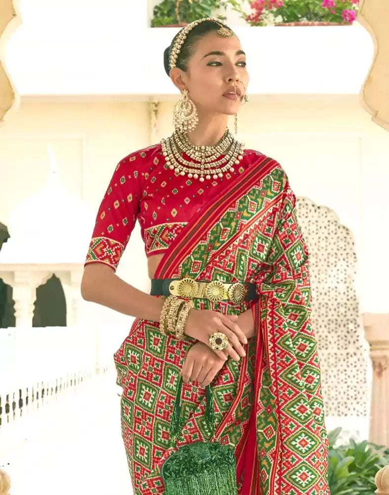 Image of Ikat Print Green Coloured Patola Saree