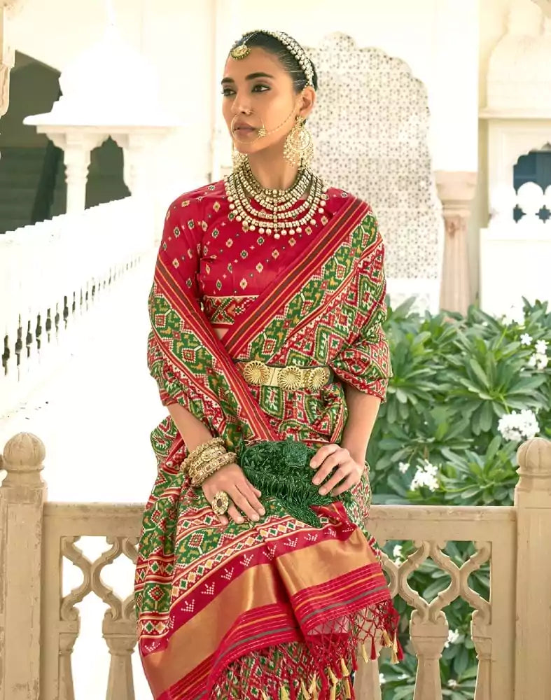 Image of Ikat Print Green Coloured Patola Saree