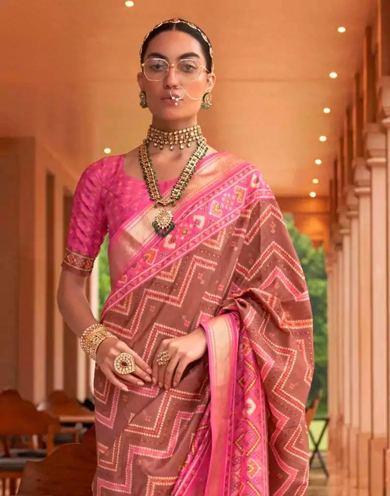 Image of Patola Fabric Brown Color Chevron Print Saree