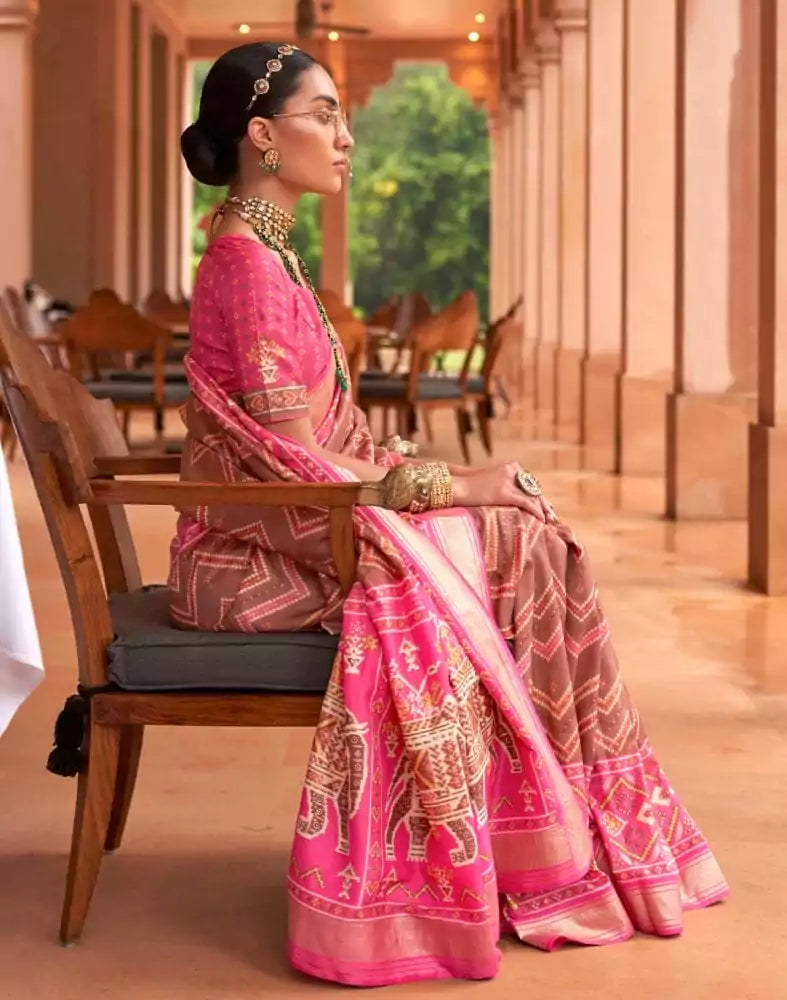 Image of Patola Fabric Brown Color Chevron Print Saree