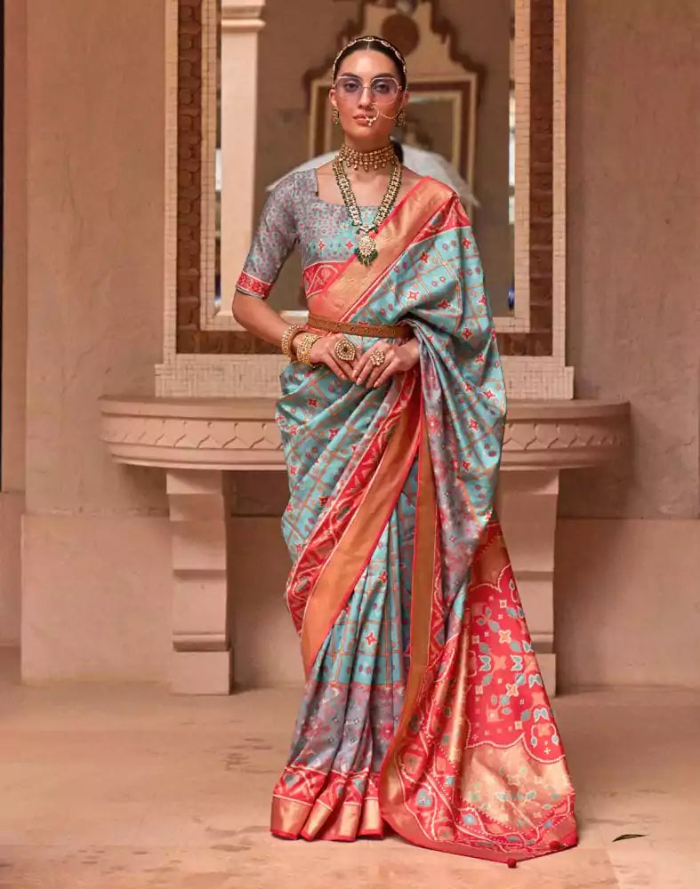 Image of Stylish Sky Blue Color Ikat Print Patola Saree