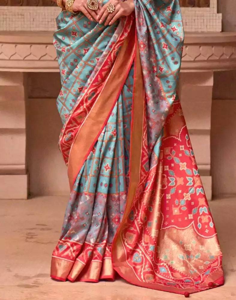 Image of Stylish Sky Blue Color Ikat Print Patola Saree