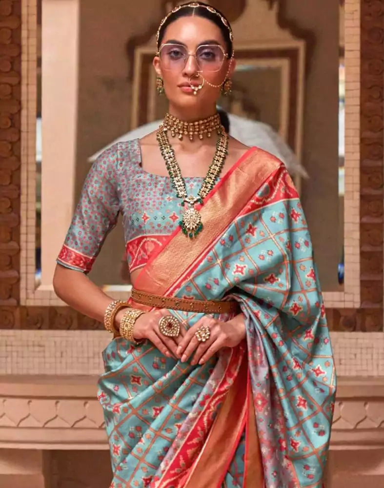 Image of Stylish Sky Blue Color Ikat Print Patola Saree