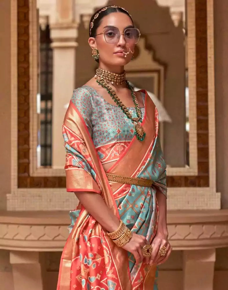 Image of Stylish Sky Blue Color Ikat Print Patola Saree