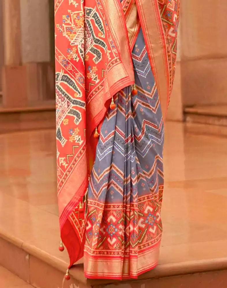 Image of Grey and Orange Chevron Pattern Print Patola Saree