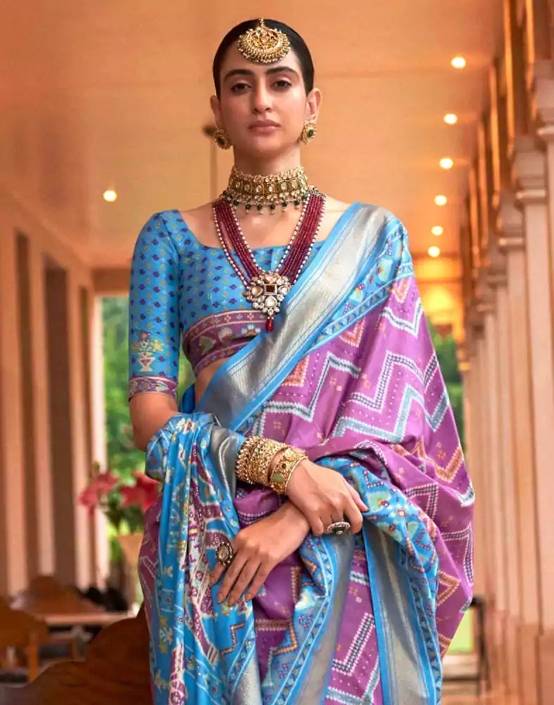 Image of Dazzling Purple Chevron Print Patola Saree