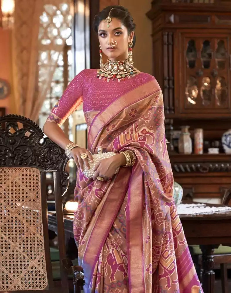 Image of Peach Ikat Print Patola Fancy Saree