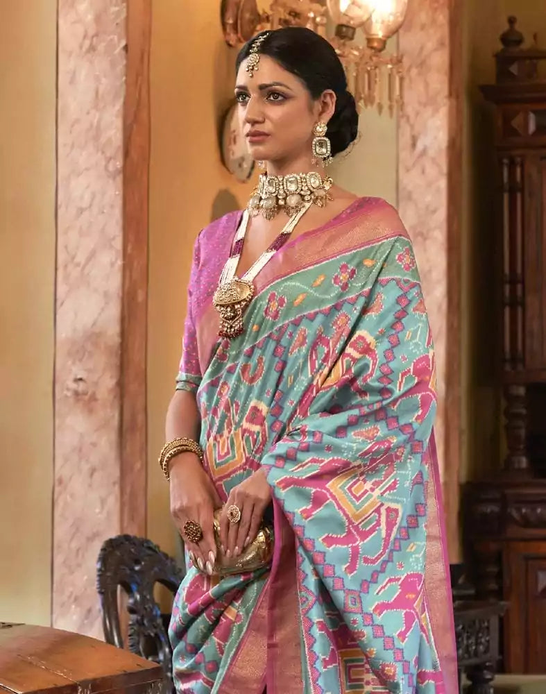 Image of Sky Blue Ikat Print Patola Fabric Saree