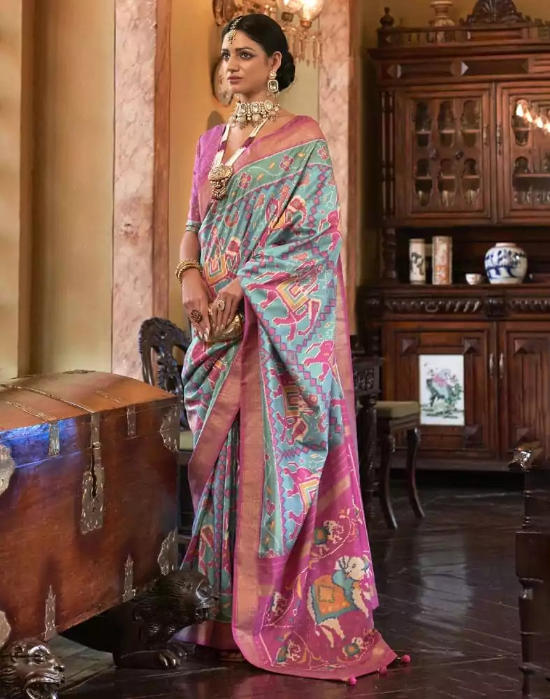 Image of Sky Blue Ikat Print Patola Fabric Saree