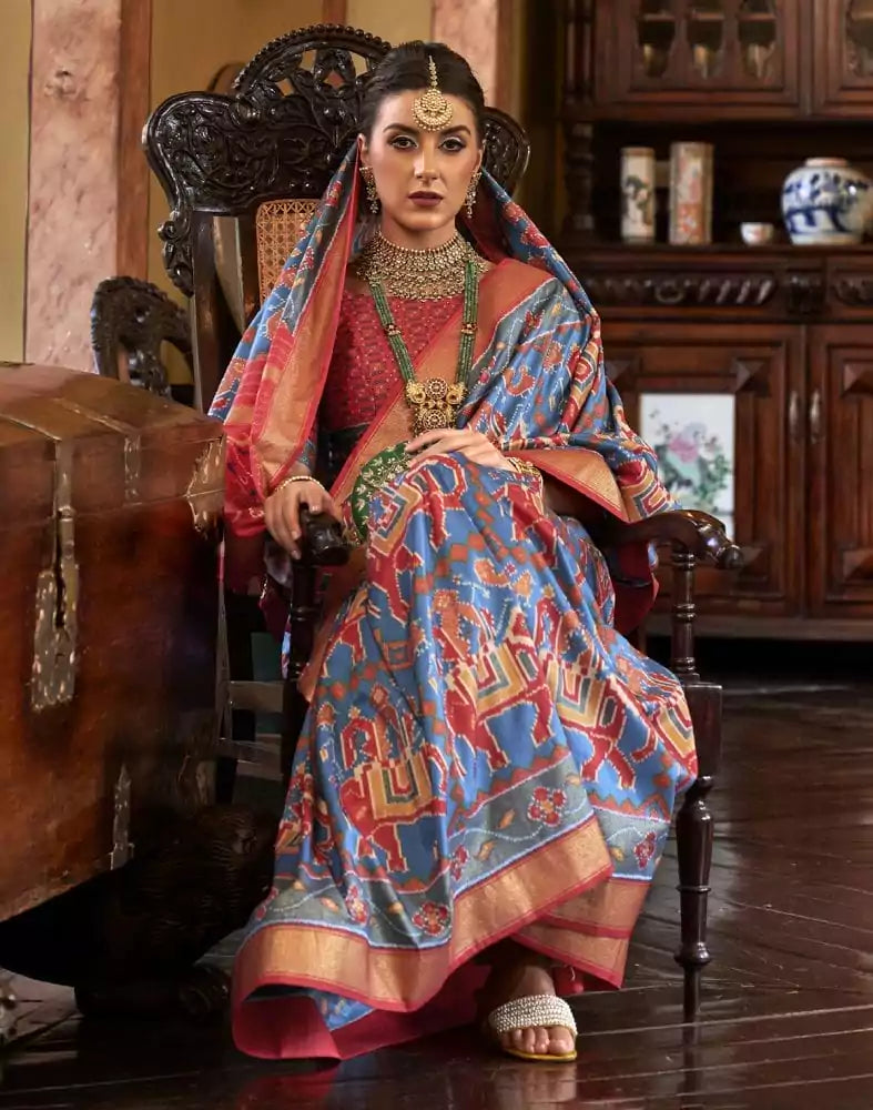 Image of Patola Fabric Blue Coloured Ikat Print Saree