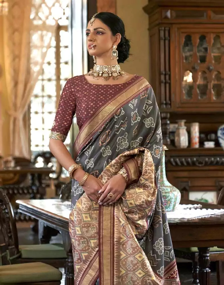Image of Grey Ikat Print Patola Fancy Saree