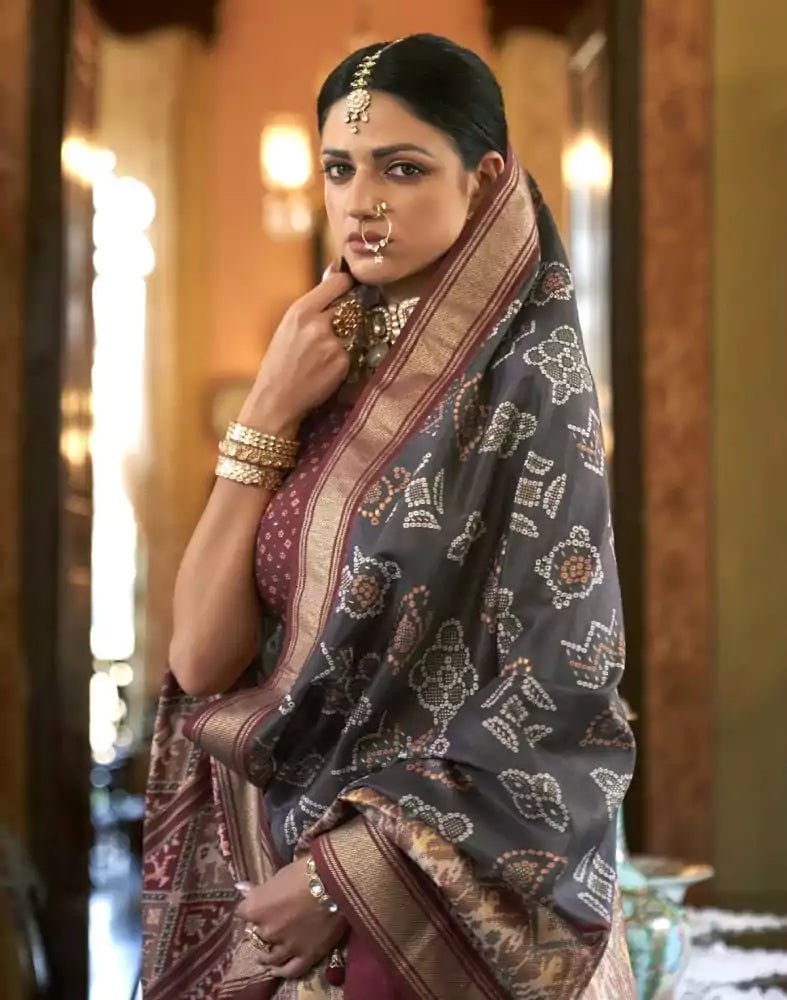 Image of Grey Ikat Print Patola Fancy Saree