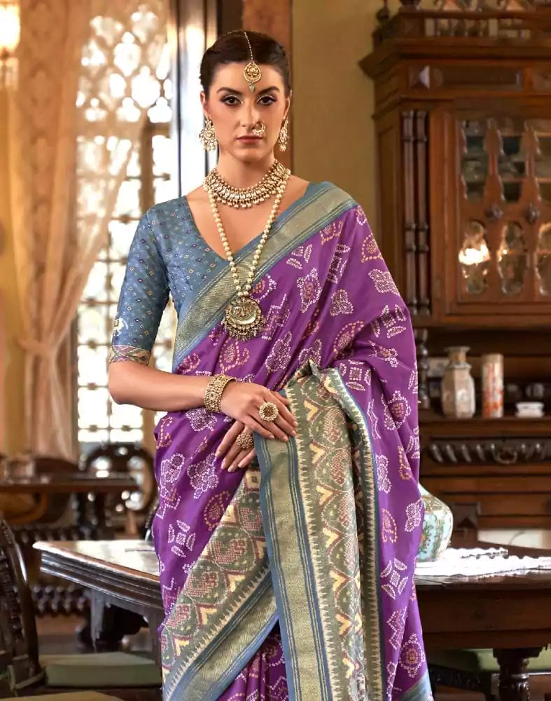 Image of Purple and Grey Ikat Patola Saree