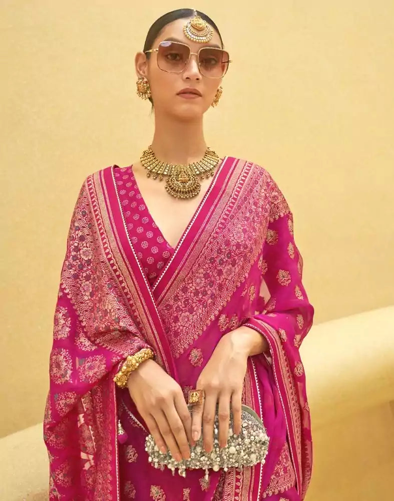 Image of Pink Floral Patola Fancy Saree
