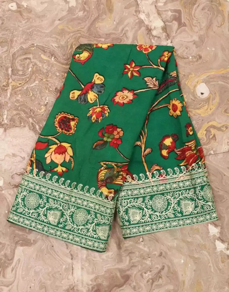 Image of Green Floral Printed Dola Silk Saree