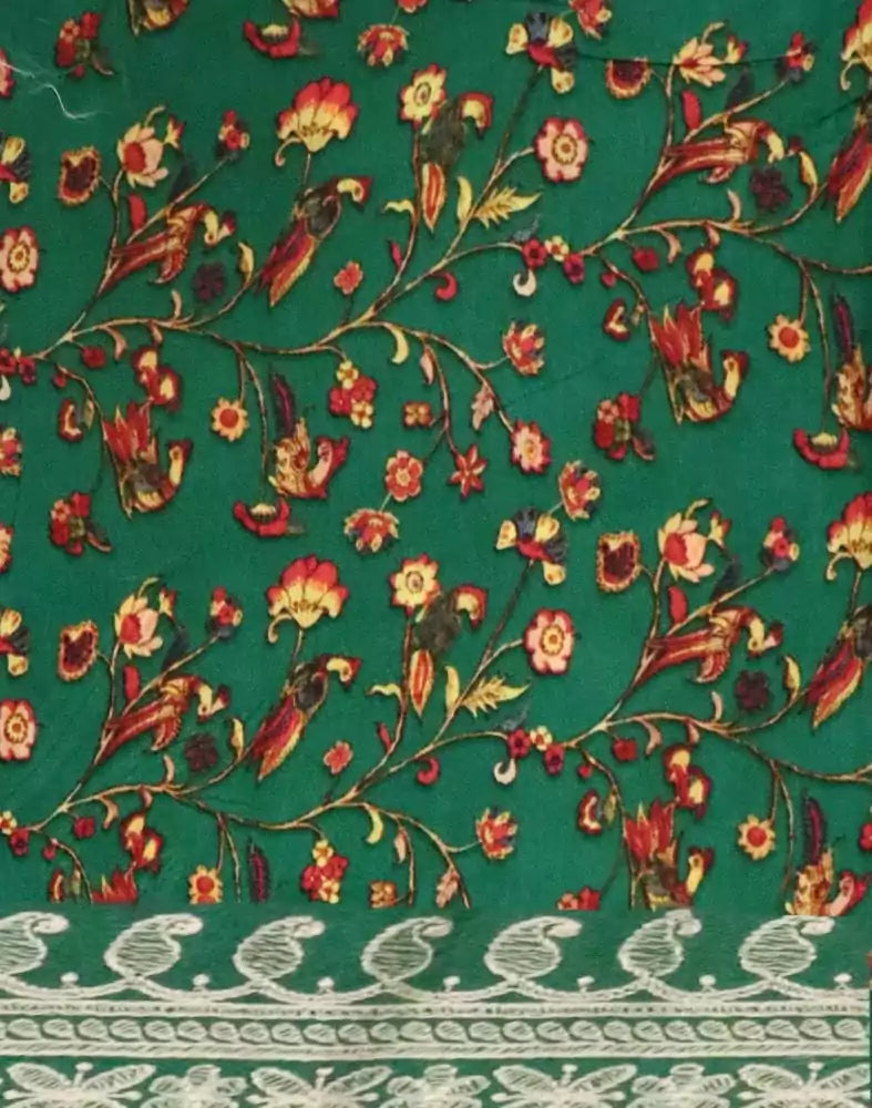 Image of Green Floral Printed Dola Silk Saree