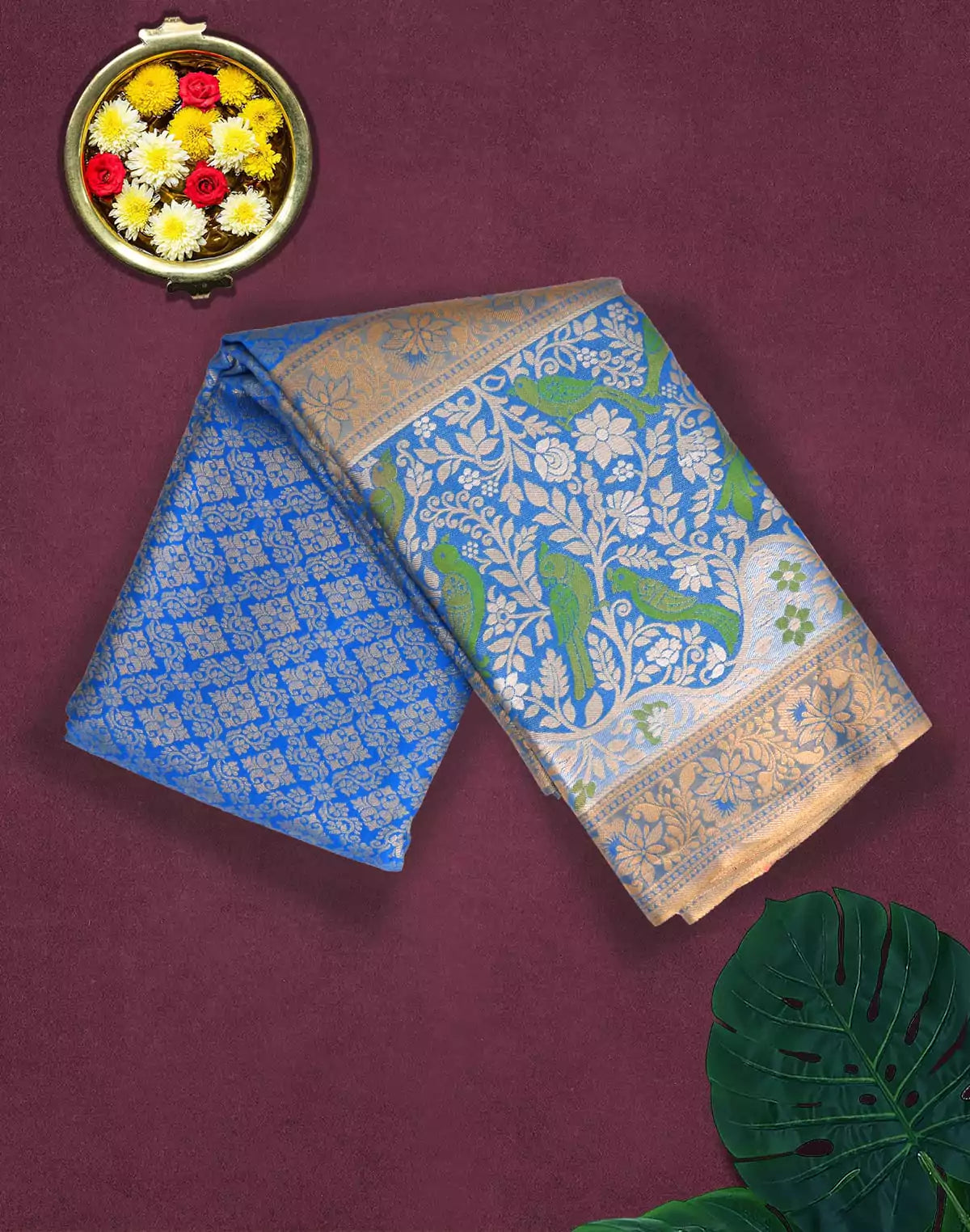 Image of Kanchi Pattu Saree in Sky Blue Color and Pink combination Blouse