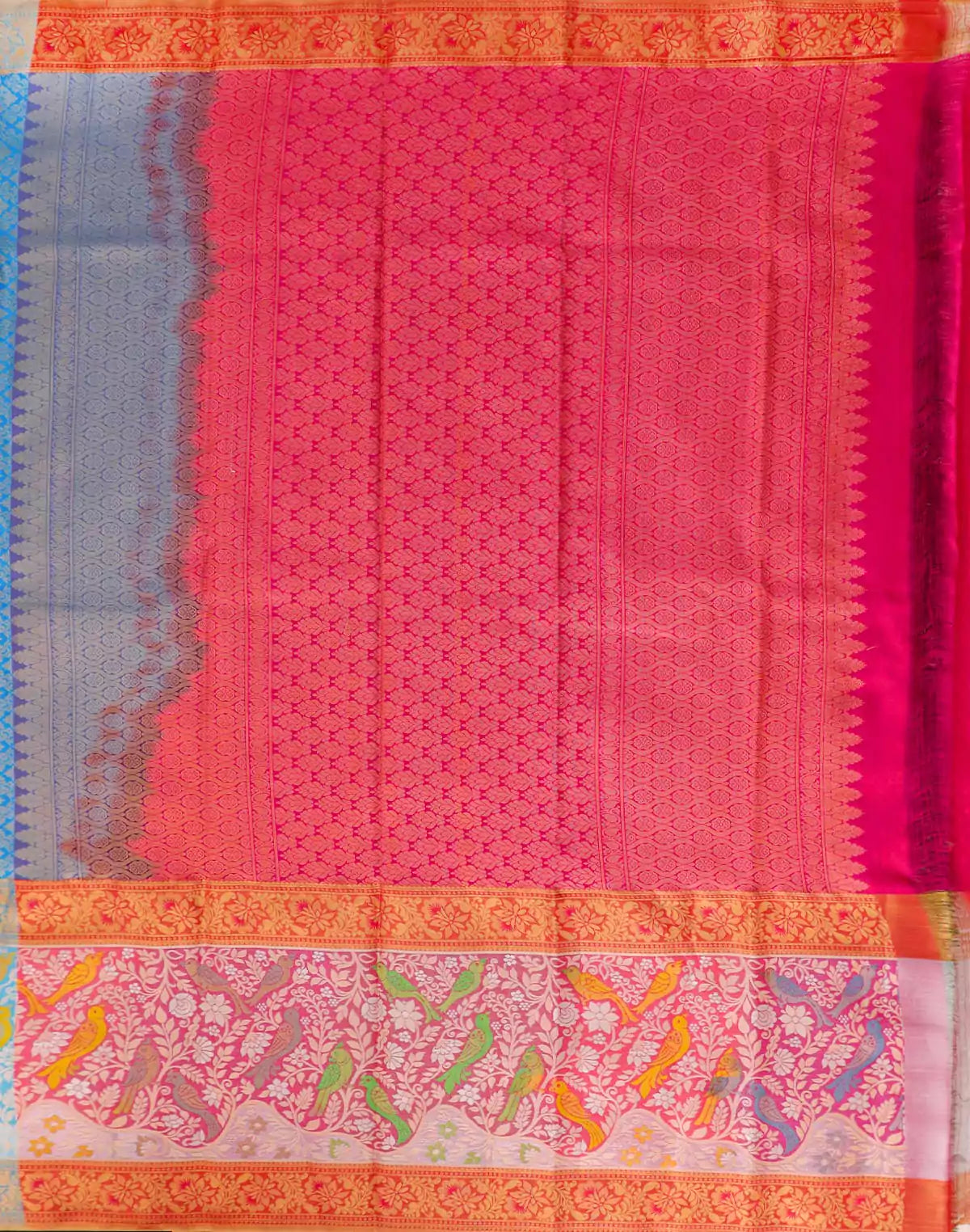 Image of Kanchi Pattu Saree in Sky Blue Color and Pink combination Blouse