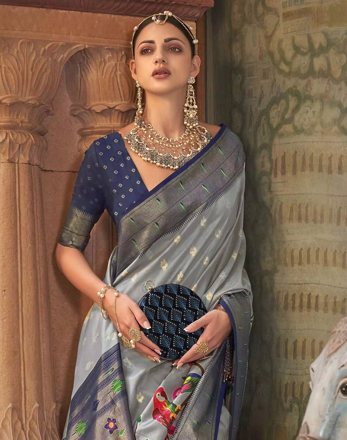Image of Grey Coloured Paithani Soft Banaras Silk Saree