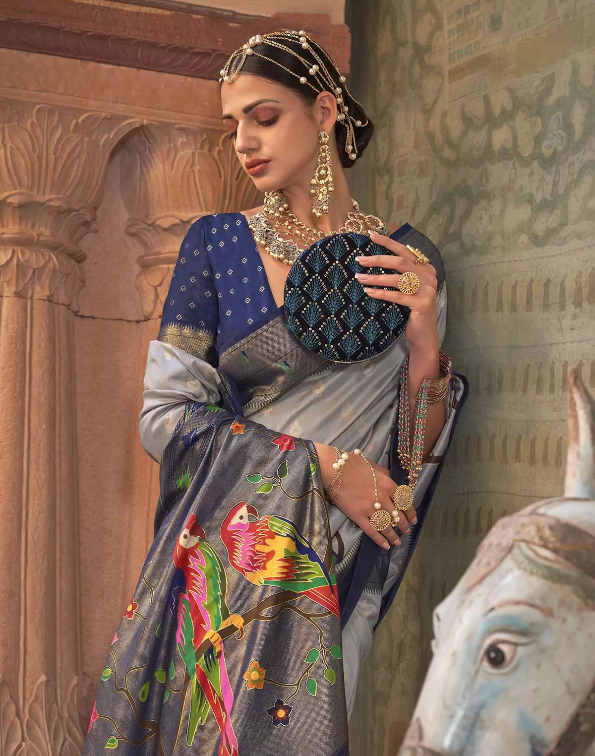 Image of Grey Coloured Paithani Soft Banaras Silk Saree