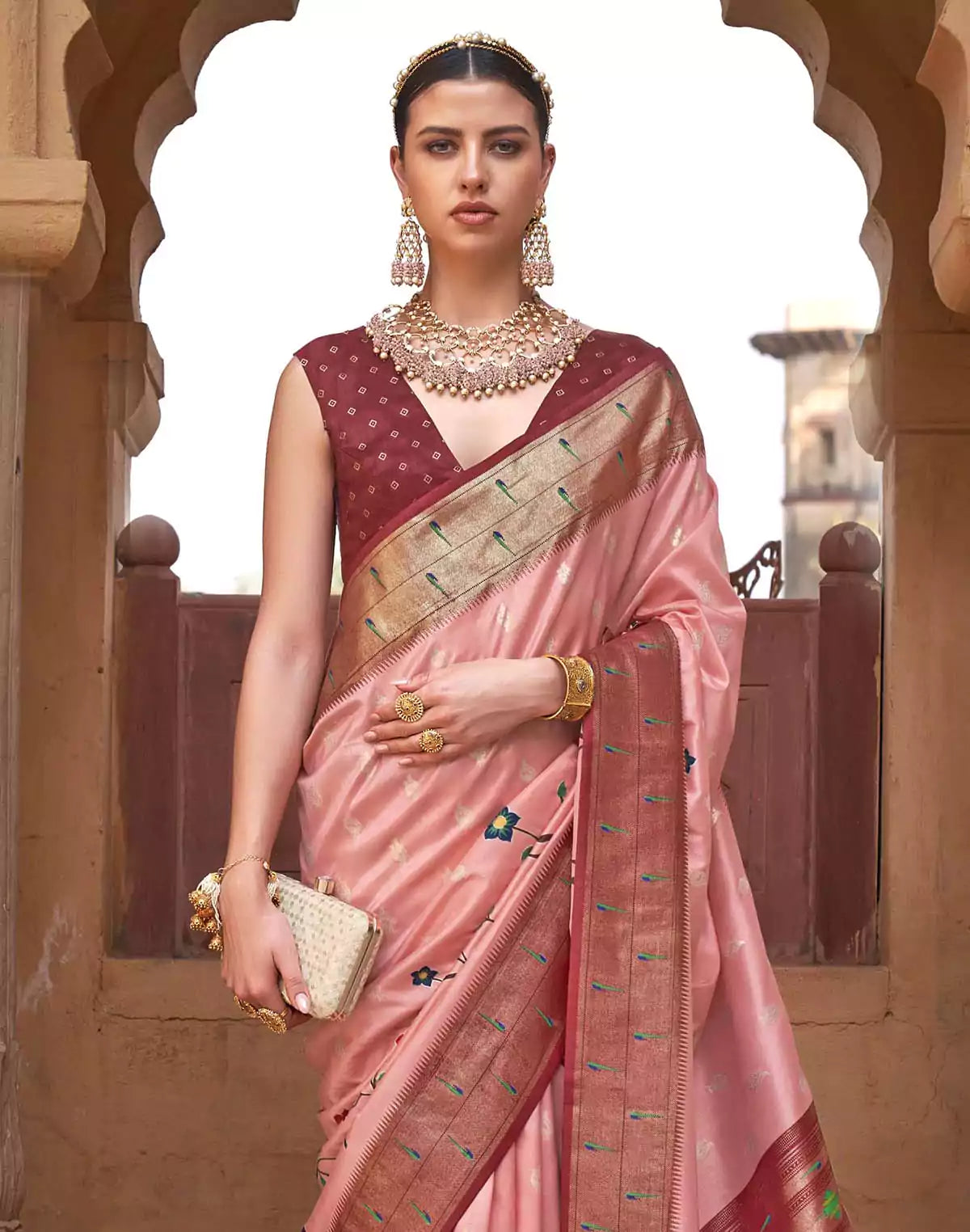 Image of Light Peach Paithani Soft Banaras Silk Contrast Border Saree