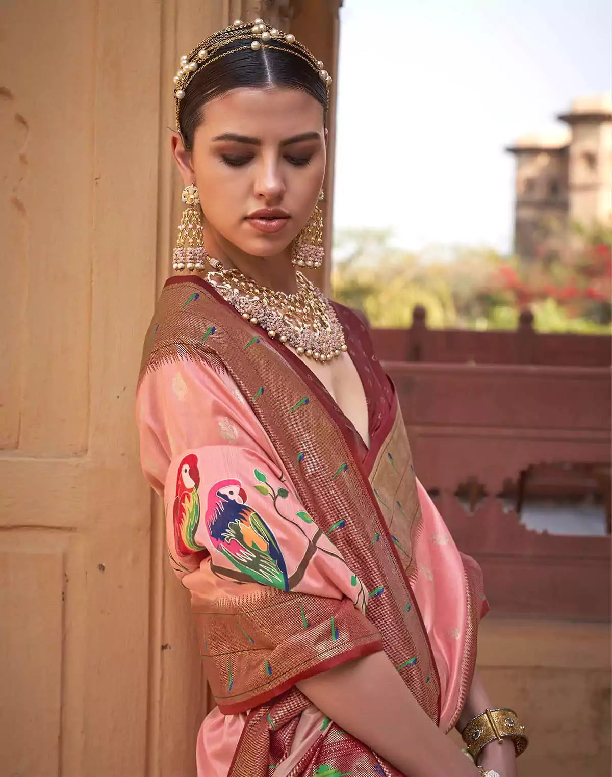 Image of Light Peach Paithani Soft Banaras Silk Contrast Border Saree