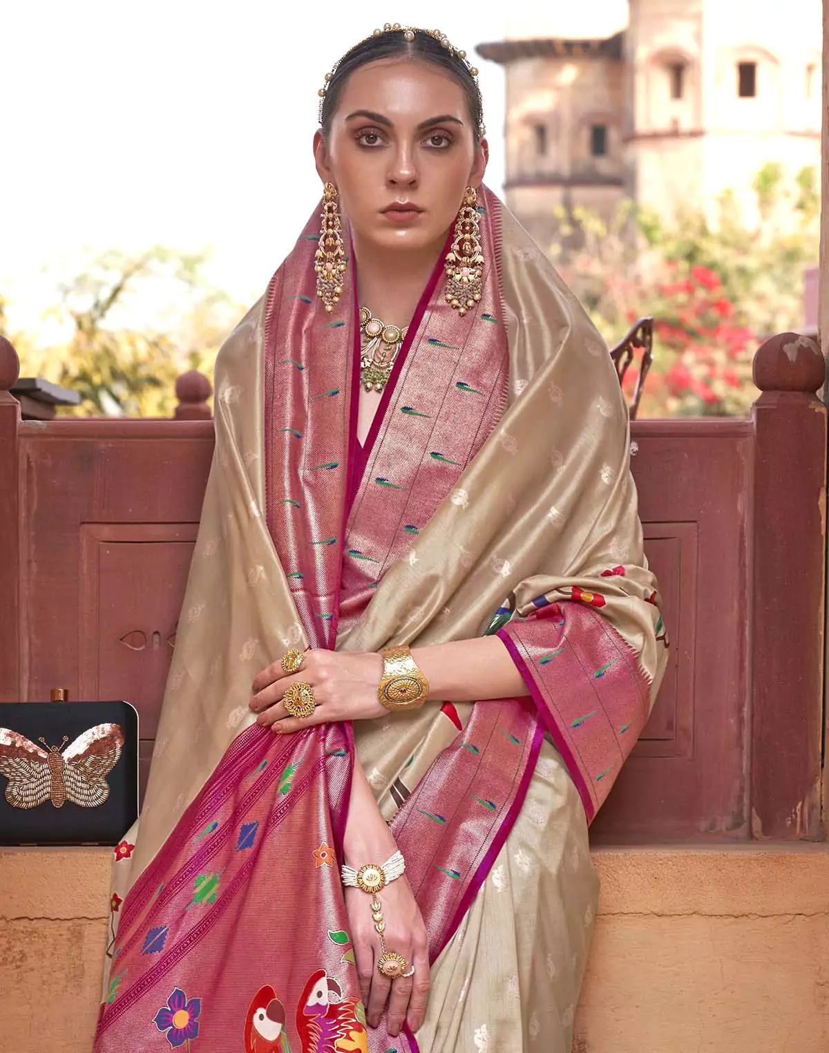 Image of Soft Banaras Paithani Beige Colour Saree