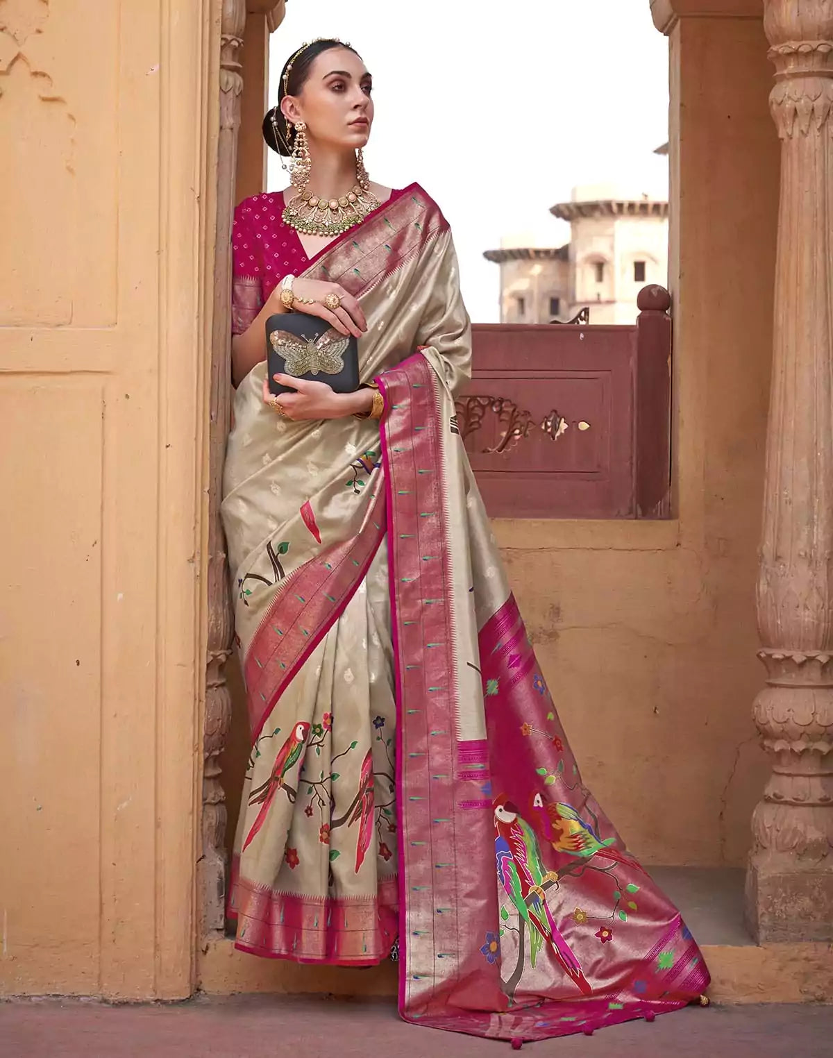 Image of Soft Banaras Paithani Beige Colour Saree