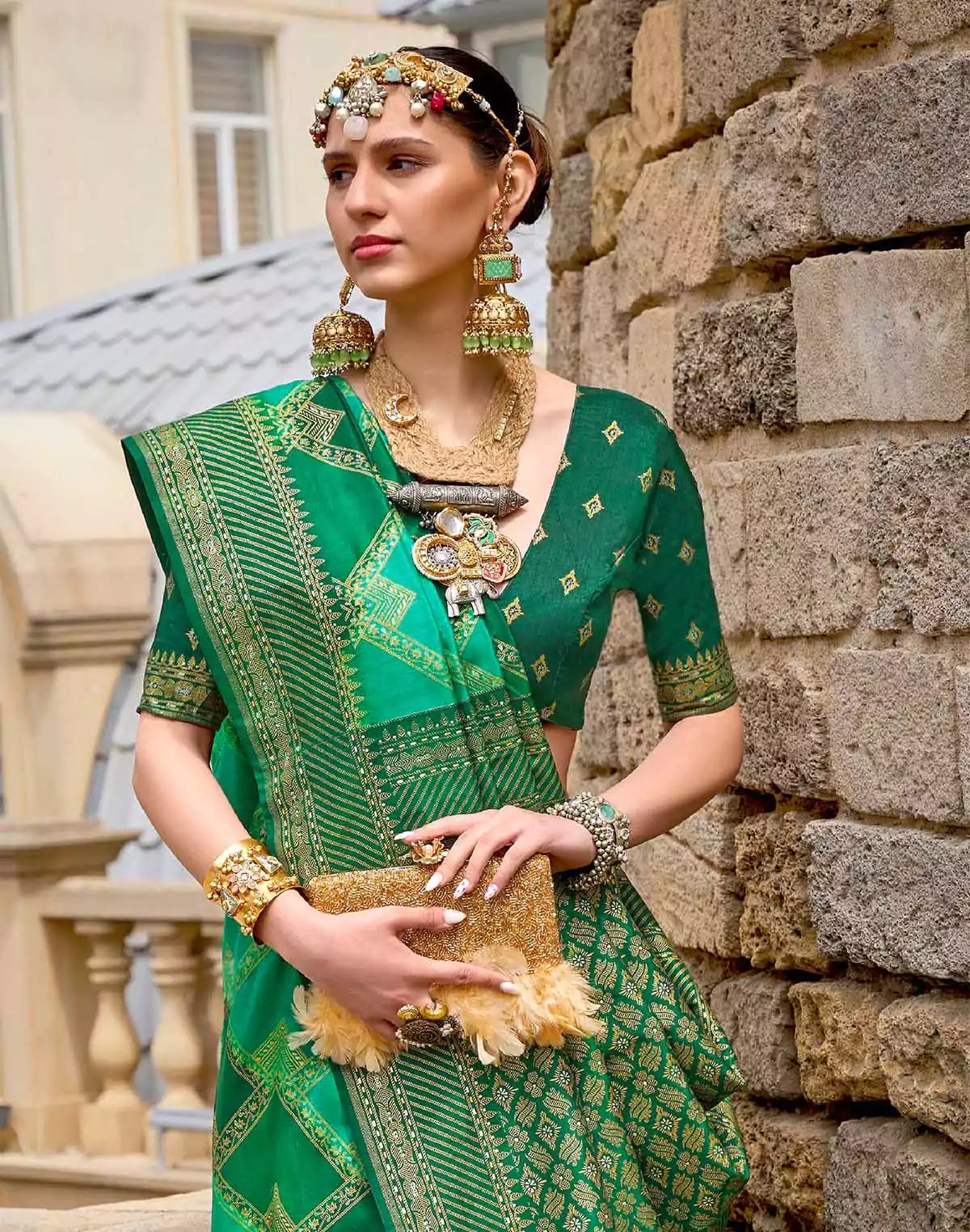 Image of Stylish Green Patola Silk Festive Wear Saree
