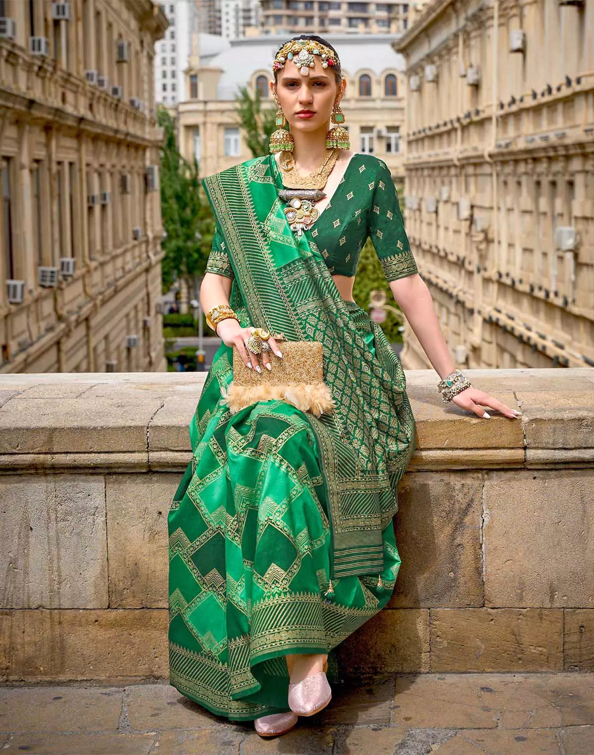 Image of Stylish Green Patola Silk Festive Wear Saree