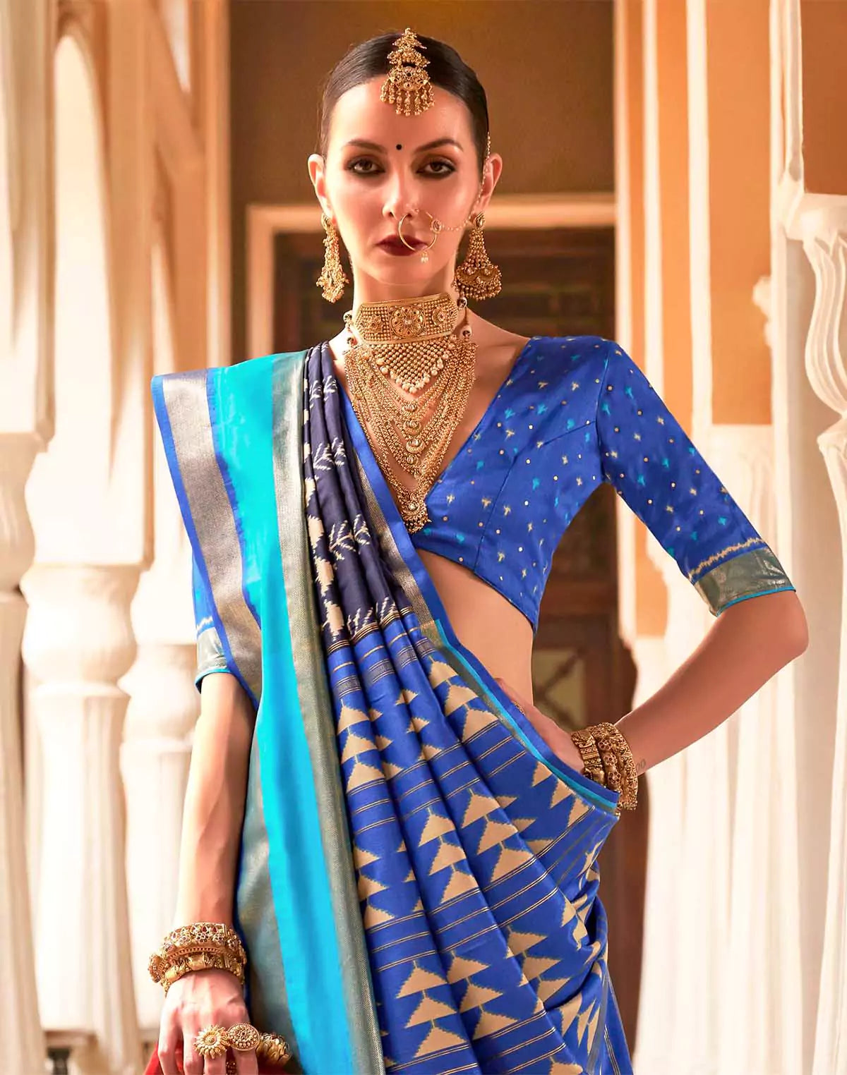Image of Navy Blue Woven Patola Silk Saree