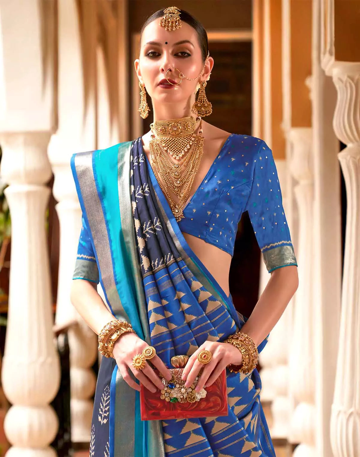 Image of Navy Blue Woven Patola Silk Saree
