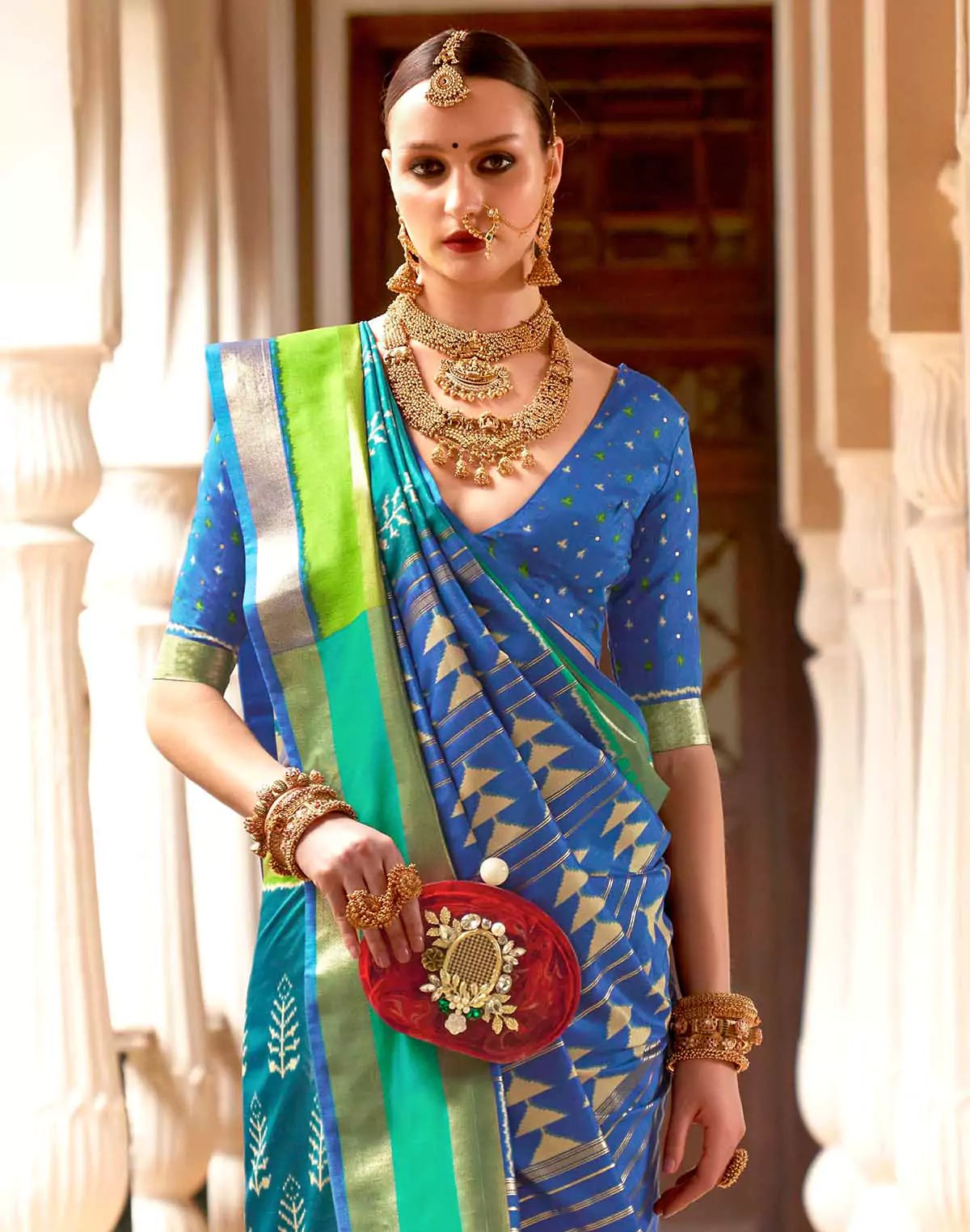 Image of Teal Blue Patola Silk Woven Design Saree