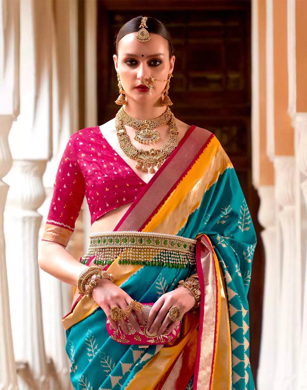 Image of Blue and Pink Patola Silk Contrast Blouse Saree