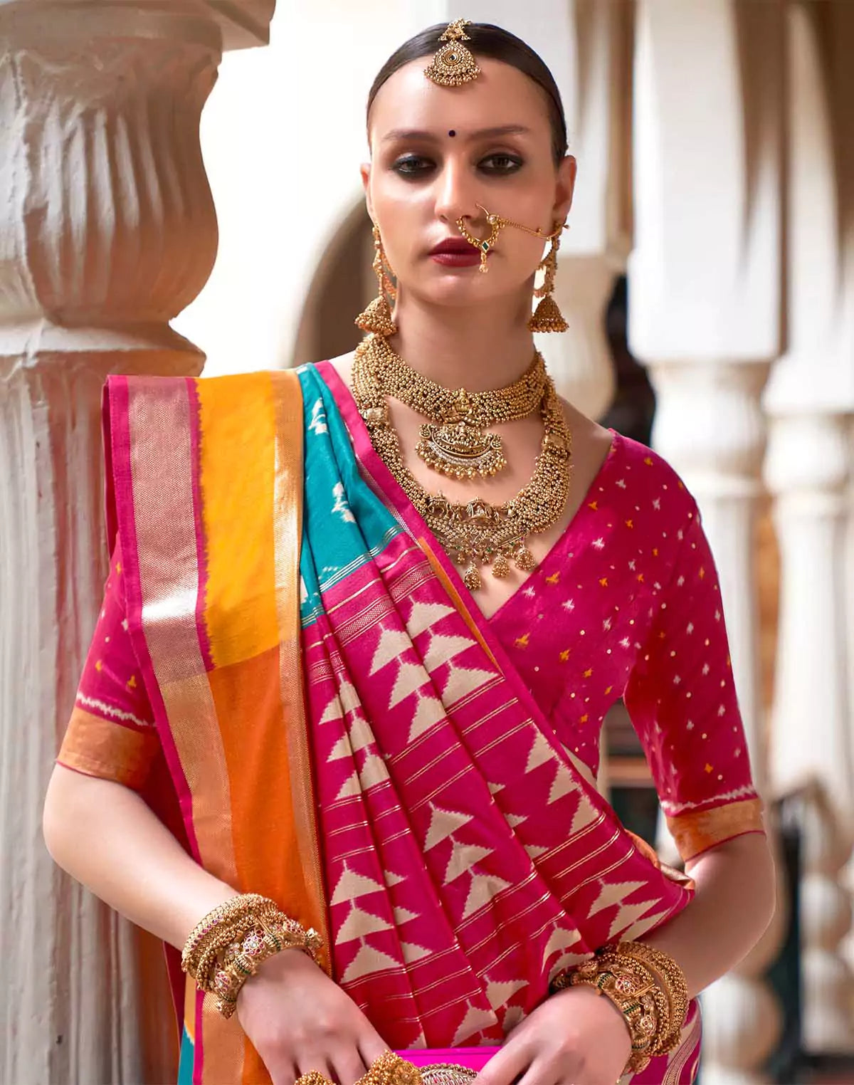 Image of Blue and Pink Patola Silk Contrast Blouse Saree
